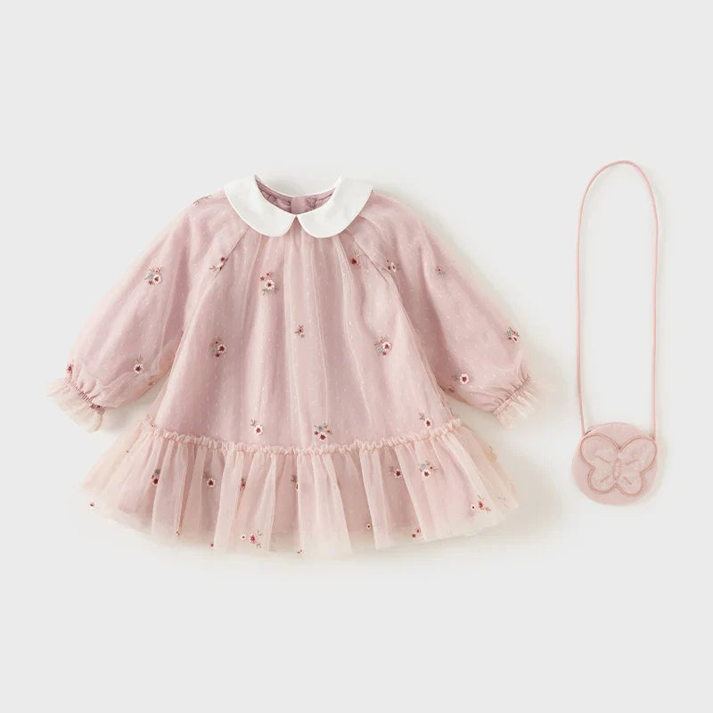 Mesh Floral Princess Dress Girls Baby Children 2025 New Autumn Sweet Charm Pink Fashion Long Sleeved Dress DB3242681