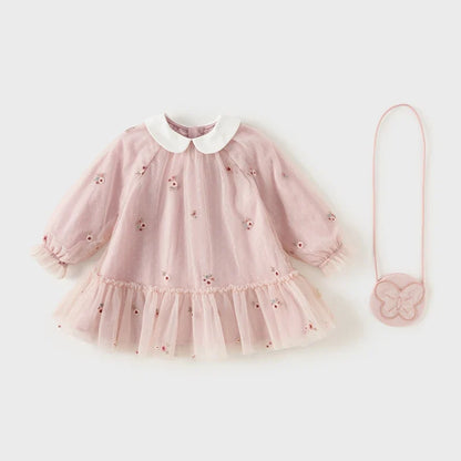 Mesh Floral Princess Dress Girls Baby Children 2025 New Autumn Sweet Charm Pink Fashion Long Sleeved Dress DB3242681