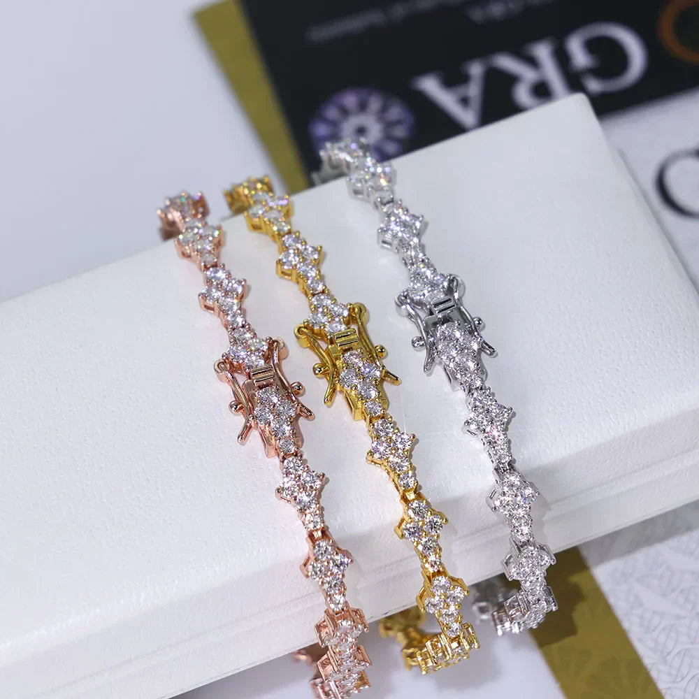 925 VVS Moissanite Star Chain Bracelet Hip Hop Jewelry Bling Iced Out Tennis Cross Bracelet Sterling Silver with GRA 7/8inch