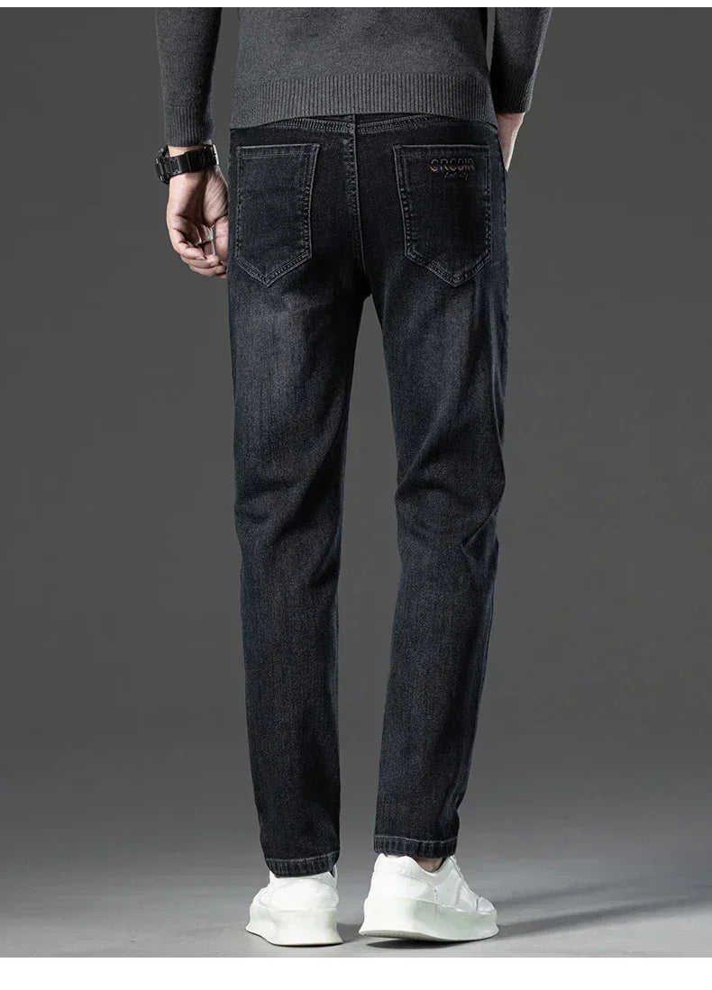 Men's Thicken Fleece Straight Jeans Winter Business Casual Stretch Denim Pants Warm Plush Brand Trousers Pans Male Classic