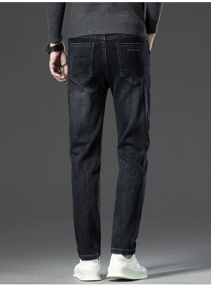 Men's Thicken Fleece Straight Jeans Winter Business Casual Stretch Denim Pants Warm Plush Brand Trousers Pans Male Classic