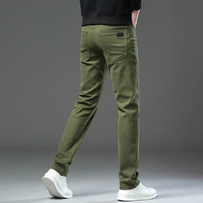 Large Size 42 44 Autumn 96% Cotton Men's Stretch Slim Jeans ArmyGreen Soft Comfortable Casual Straight Denim Pants Trousers