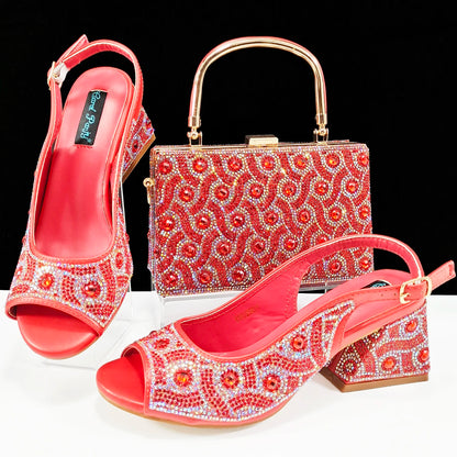2024 Rhinestone Design INS Hot Sale New Arrivals African Shoes and Bag Set in Green Color Open Toe Comfortable Women Heels