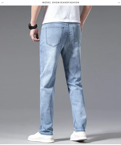 2024 Men's New Autumn Straight Casual Jeans Light Blue Classic Breathable Comfortable No Ironing Stretch Denim Trousers Male