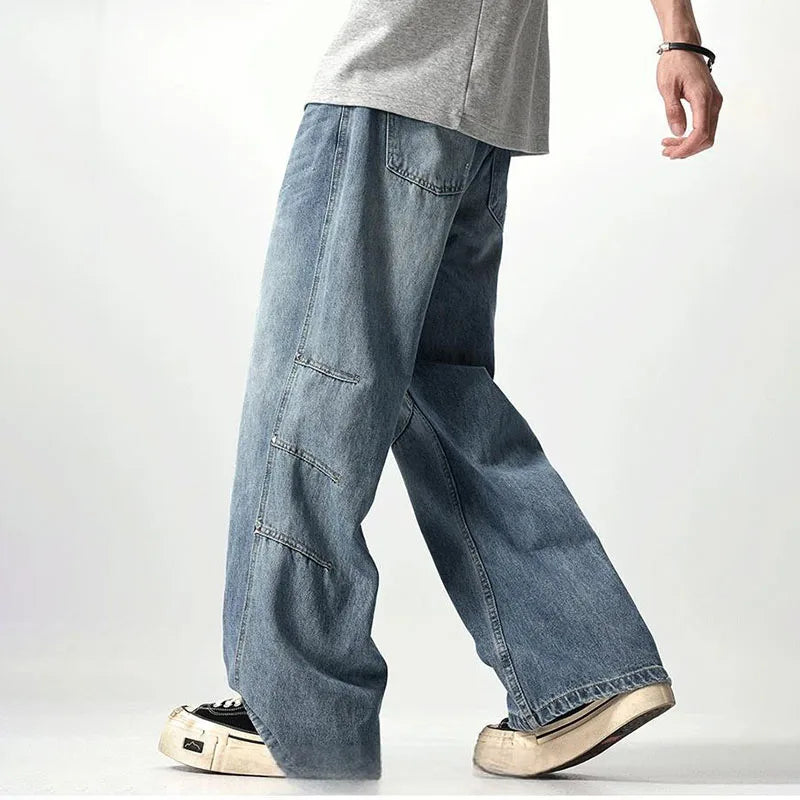 Japanese And Korean Retro Straight Leg Jeans With Loose Fit Men'S Workwear Wide Leg Pants High Street Casual Curved Knife Pants