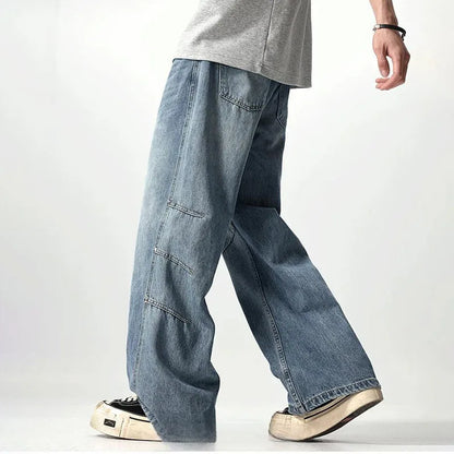 Japanese And Korean Retro Straight Leg Jeans With Loose Fit Men'S Workwear Wide Leg Pants High Street Casual Curved Knife Pants