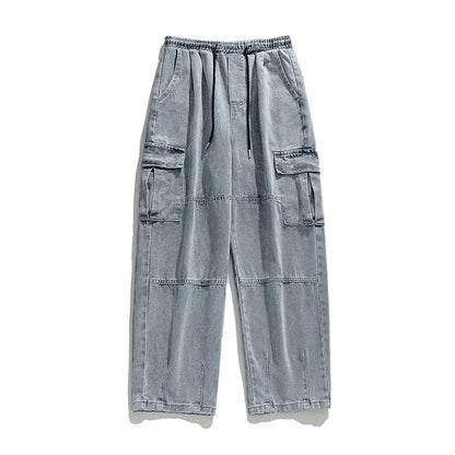 Korean men clothing Japanese style three-dimensional pocket jeans spring new retro vintage washed water workwear men's pants