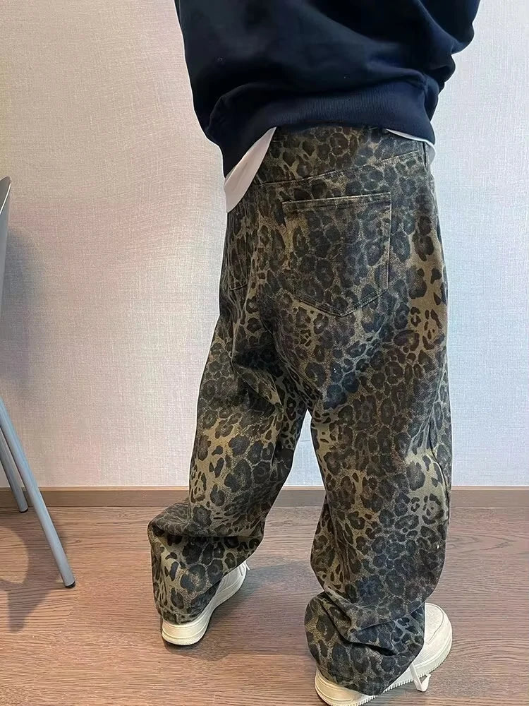 Autumn Tan Leopard Jeans Men Denim Pants Male Oversize Wide Leg Trousers Streetwear Hip Hop Vintage Loose Casual Animal Print
