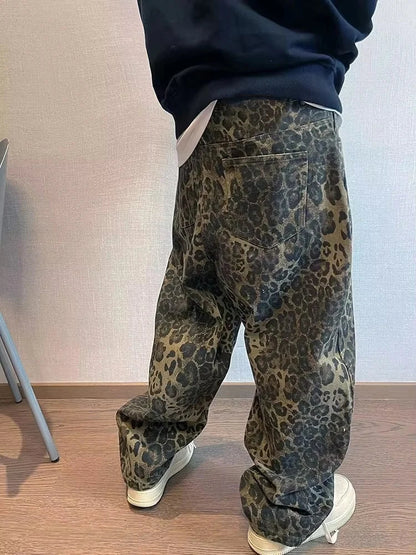 Autumn Tan Leopard Jeans Men Denim Pants Male Oversize Wide Leg Trousers Streetwear Hip Hop Vintage Loose Casual Animal Print