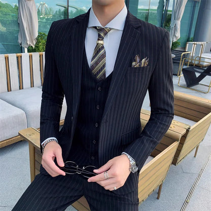 Blue Men Classic Striped/Checked Suits, Asian Size Slim Fit Business Office 3-Piece Sets, Black/Gray and Red Available.