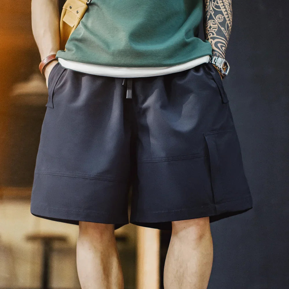 Men's Outdoor Casual Cargo Shorts Elastic Waist Drawstring Shorts with Reflective Strip and Multiple Pockets Loose Bottoms