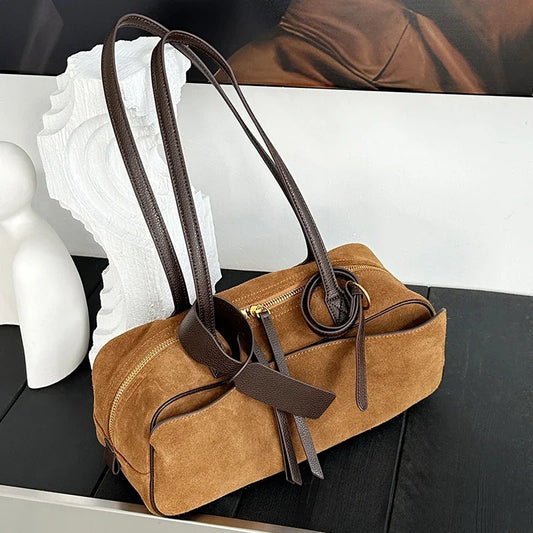 Ladies Casual Soft Suede Cowhide Handbags Women's Frosted Cow Leather Shoulder Bag Female Fashion Trend Luxury Designer Bags New