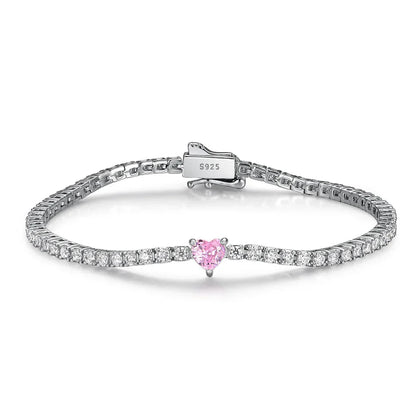 2mm Round Moissanite Tennis Bracelets with 5mm Pink White Heart Cut Diamond Bracelet for Women Men 925 Sterling Silver Bangle