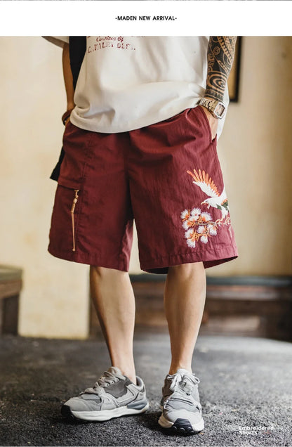 Men's Yokosuka Eagle Embroidered Shorts Loose Elastic Waist Red Quick Dry Summer Casual Beach Board Man Shorts Genuine
