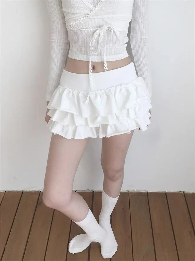 Y2k Lolita Mini Cake Skirt Soft Girl low Waist Ruffle Fluffy Fairy Skirts Summer Kawaii Cute Elegant Short Skirt Black