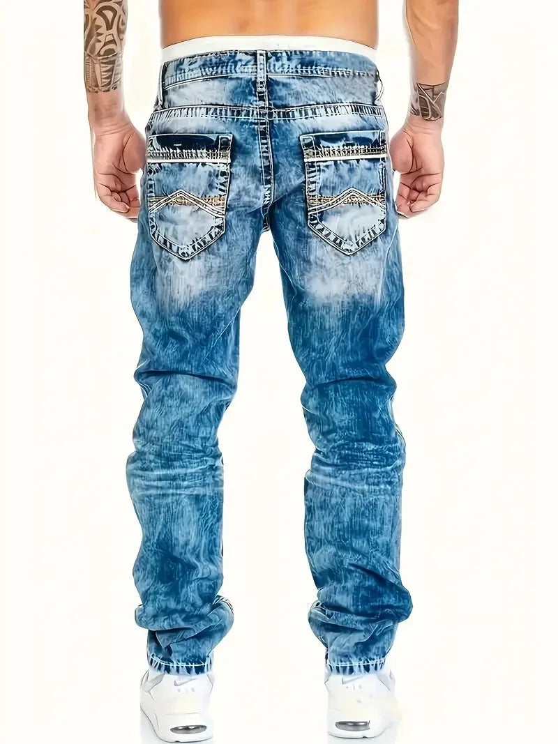 European American Jeans Men's Autumn New Slim Elastic Trousers Fashionable Vintage Wash Denim Pants Male Streetwear