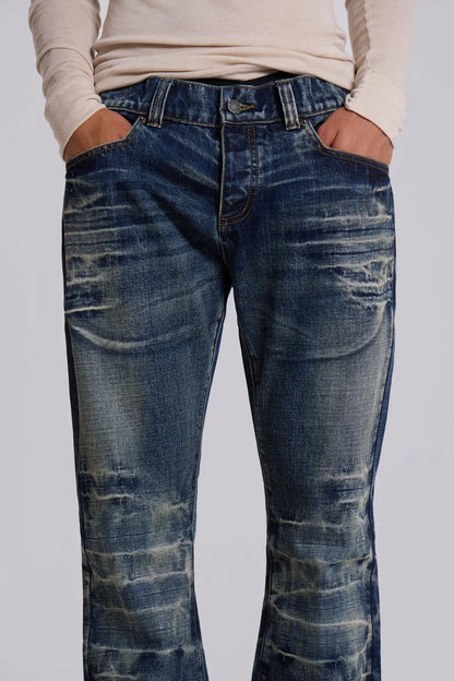 Y2K Vintage Flared Jeans Mid Blue Washed Men Women Bootcut Jeans American Hip Hop Distressed Streetwear Unisex Wide Leg Pants