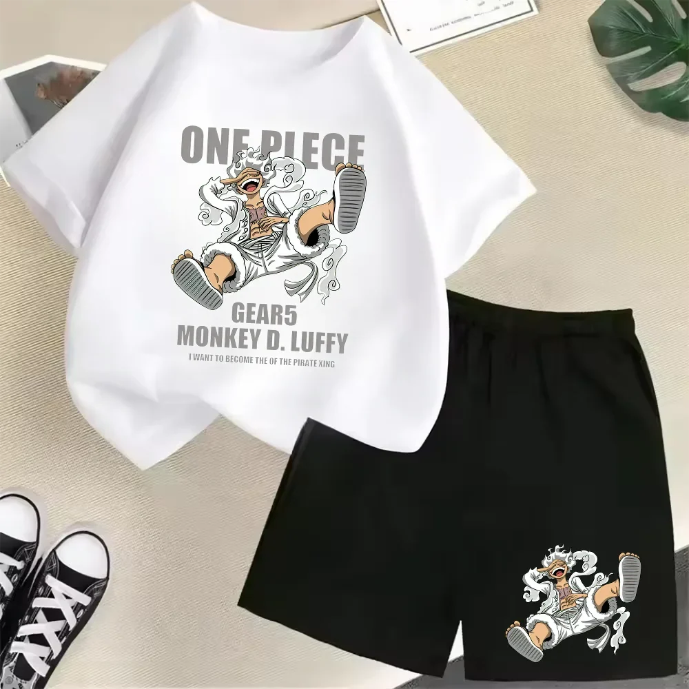 Summer New Cotton Kids T-Shirt Set Luffy Gear 5 One Piece Children Shorts Sport Casual School Outdoor Boys Tracksuit