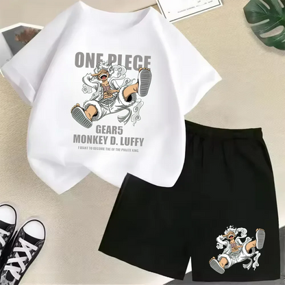 Summer New Cotton Kids T-Shirt Set Luffy Gear 5 One Piece Children Shorts Sport Casual School Outdoor Boys Tracksuit