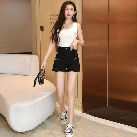 2026 Summer K Fashion High Waisted Wide Leg Denim Shorts for Women Slimming Tummy Control Hot Pants Outwear Casual Streetwear
