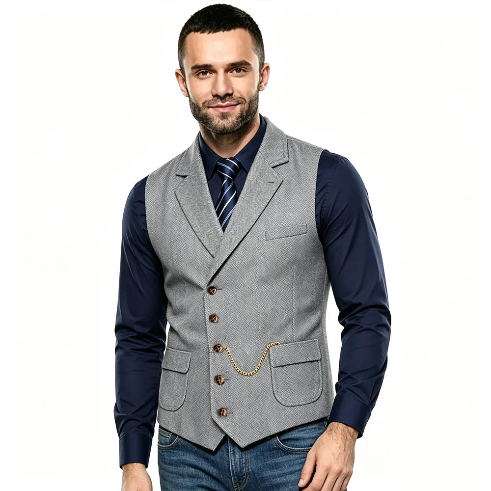 Men's Vintage Herringbone Waistcoat Single Breasted Notch Lapel Formal Vest Business Sleeveless Suit Gilet For Wedding Party