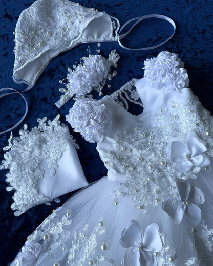 Cute Lace Baptism Christening Gown With Bonnet Outfit Baby Girls White Party Birthday Gown Wedding 3D Flower Girl Dress