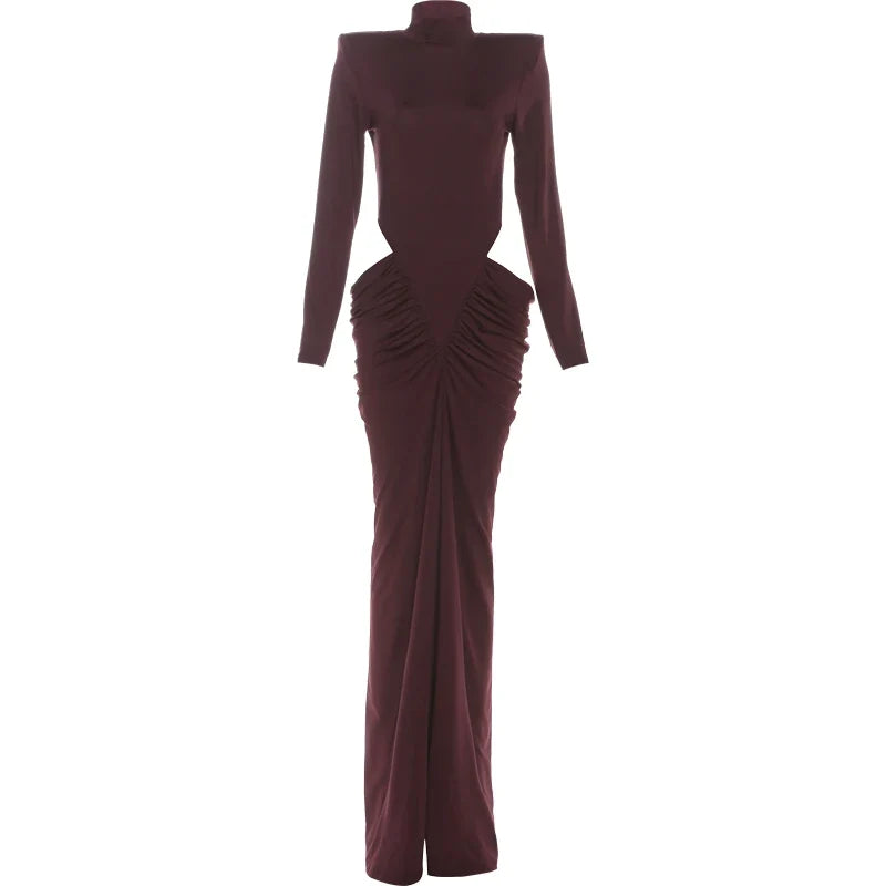 Nibber Hipster Waistless Ruched Elegant Dress Woman Autumn Style Turtleneck Full Sleeve Hollow Design Prom Party Long Bodycon