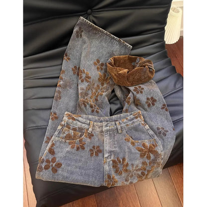 American Retro Floral Print Loose Jeans Women's Wide Leg Denim Pants Autumn Winter Plus Size Slimming Floor-Length Trousers