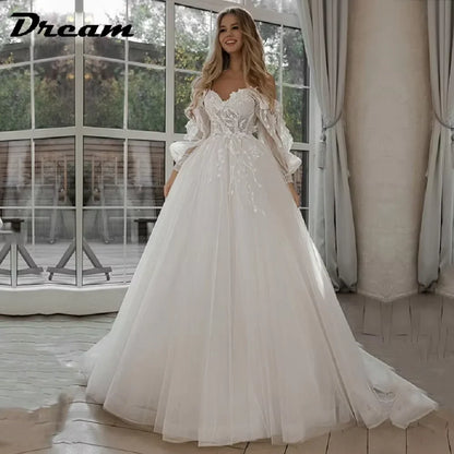 Customized Off Shoulder Lace Glitter Wedding Dresses Long Puff Sleeve 3D Flowers Boho Bride Gown 2026 Vestidos De Novia