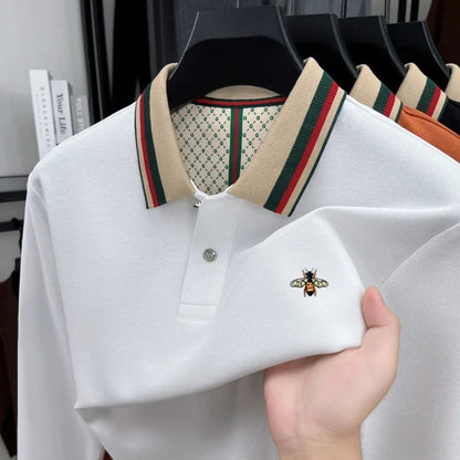 High end men's long sleeved polo shirt autumn fashion brand bee embroidery new business and casual color blocked lapel T-shirt