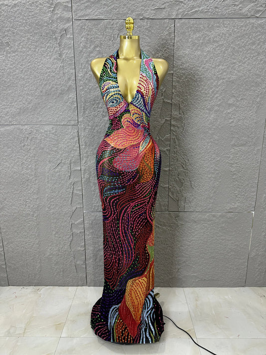 2026 Colorful Rhinestone Print Long Dress Woman Halter Deep V Neck Backless Women Birthday Eveing Party Club Stage Costume