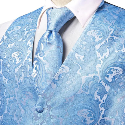 Sky Navy Royal Blue Mens Waistcoat Tie Set Sleeveless Jacket Vest Necktie Hanky Cufflinks Wedding Business Oversized Gift