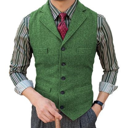 Men's  Vest Slim Fit Suits Vest Herringbone Tweed Notch Lapel Wool Business Casual Waistcoat Grossmen For Wedding