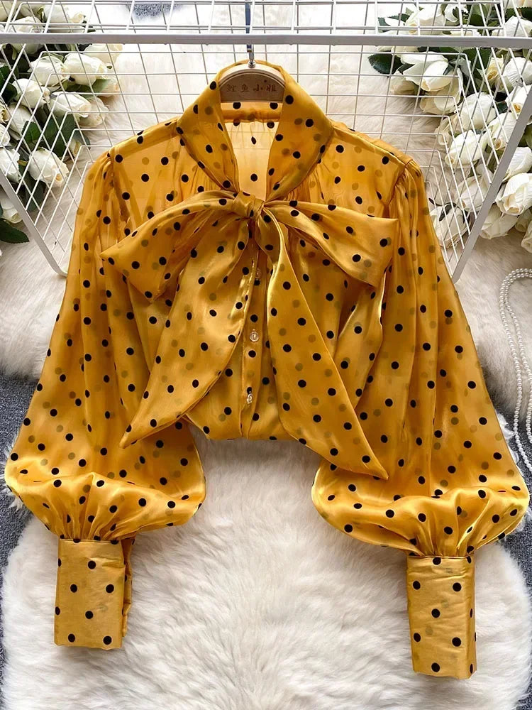 Women Spring Autumn Shirt Fashion French Retro Casual High-end Polka Dot Blouse with Bubble Sleeves Bow Design Top S263