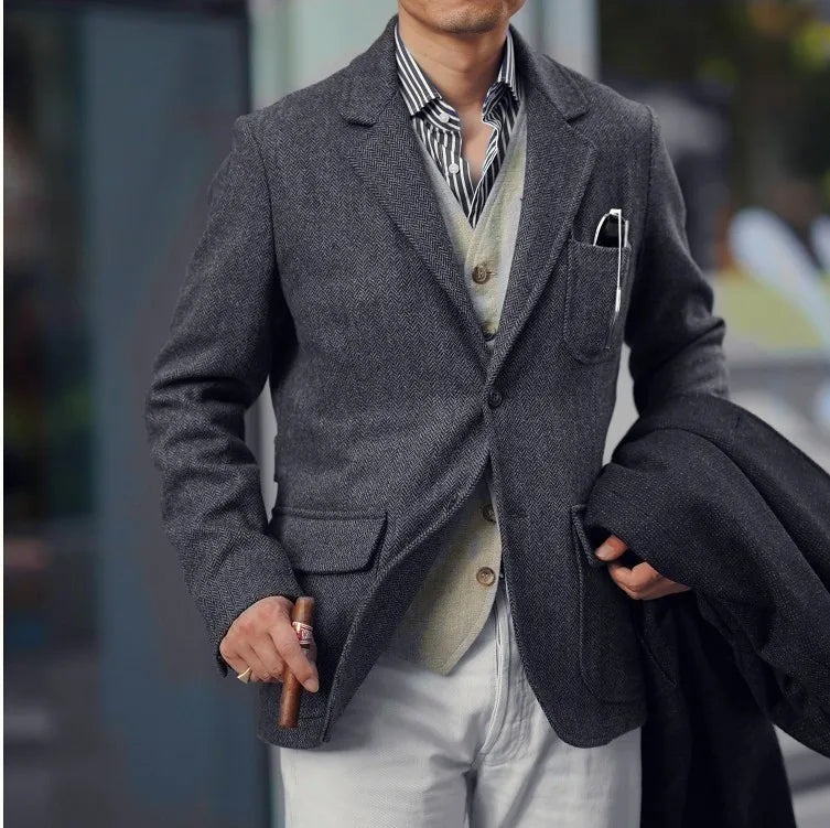 Spring Men's Peaky Blinders British Retro Tweed Wool Herringbone Hunting Casual Blazer