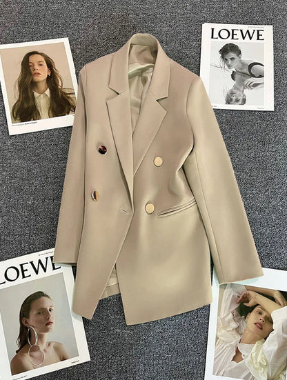Casual Small Suit Jacket Women Fashion Loose Metal Double-Breasted Blazer Coat Korean Occupation Office Formal Lapel Blazers