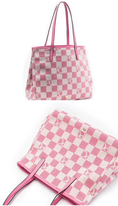 Lady Shoulder Bag Denim Checkerboard Design Light Luxury Large Capacity Simple Trendy Cool Texture Daily Commute Handbag