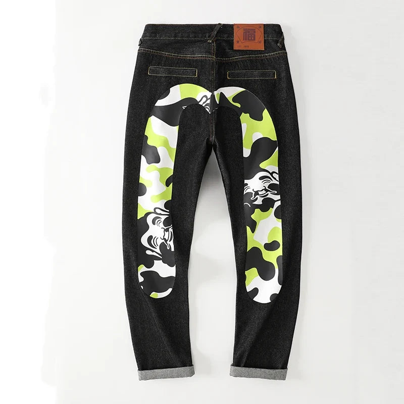 Japanese Handmade Embroidered Jeans Men's Pure Cotton Straight Tube Hip-Hop Popular Slim Red Ears Show Thin Trousers Devil Big M
