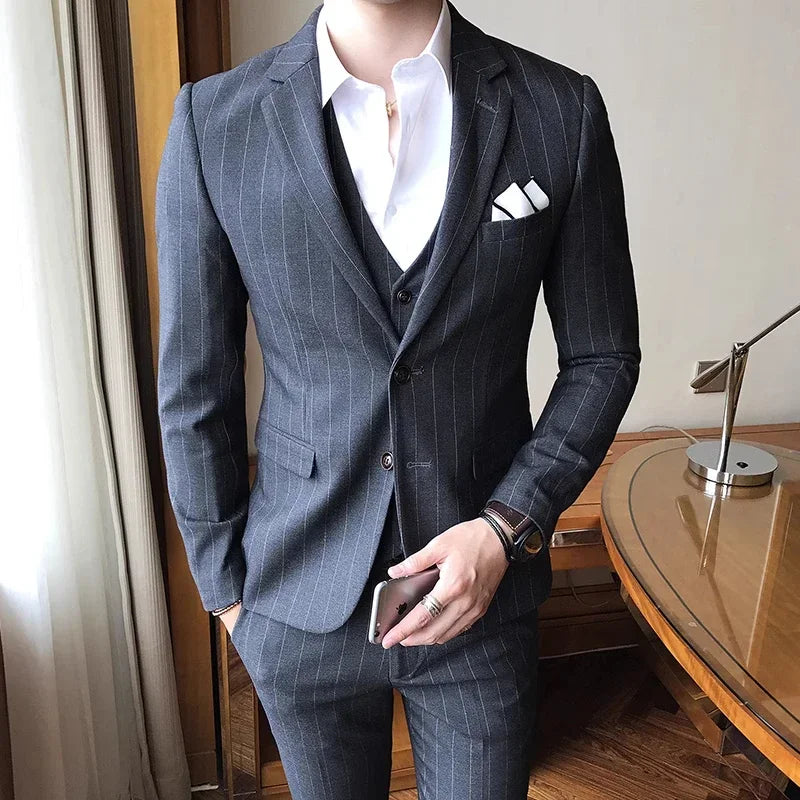 Blue Men Classic Striped/Checked Suits, Asian Size Slim Fit Business Office 3-Piece Sets, Black/Gray and Red Available.