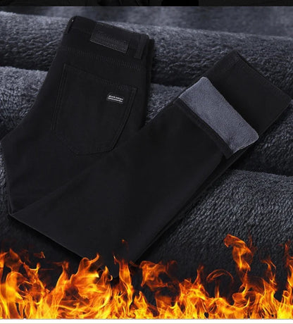 Winter Men Black Straight Stretch Denim Thick Velvet Pants Warm Jeans Casual Fleece Line Trousers Male Plus Size