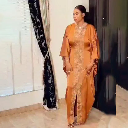 Fashion African Woman Large Size Bat Sleeve Dress Muslim Islamic Style Robe Imitation Silk Hot Fix Rhinestone