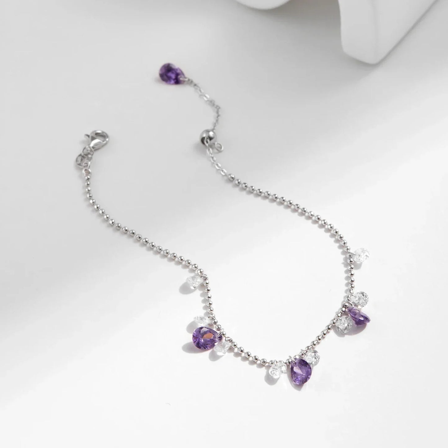 Beads Link Chain Bracelet 925 Sterling Silver Purple Zirconia Water Drop Charm Stackable Bracelet For Women Jewelry Gift