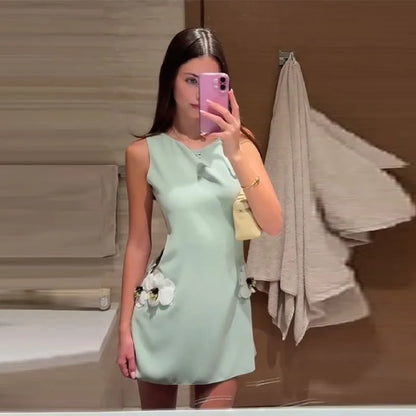 Women's Elegant 3d Flower Sleeveless Mini Dress Lady Light Green Vacation Party Dresses Stylish Female New Trend Summer Clothes