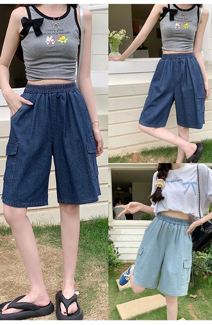2026 Summer New Women's Denim Shorts Straight Trendy Loose Versatile Dad Shorts Thin Japanese Style Knee-length Pants