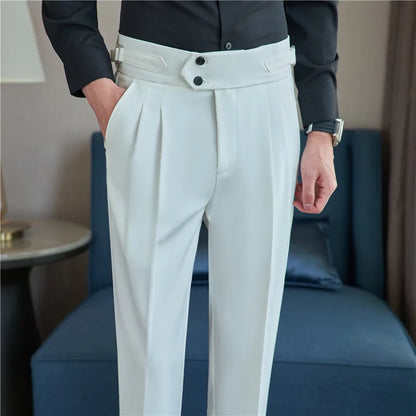 British Style Autumn New High Waist Trousers Men Belt Design Slim Fit Suit Pants Office Social Wedding Party Formal Pants Hommes