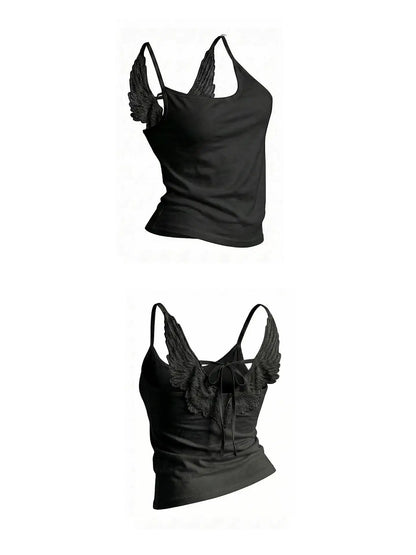 Angel Wings Vest 3D Embossed Wings Embroidery Spaghetti Strap Vest Y2K Women Gothic Fashion Summer Sexy Slim Backless Short Top