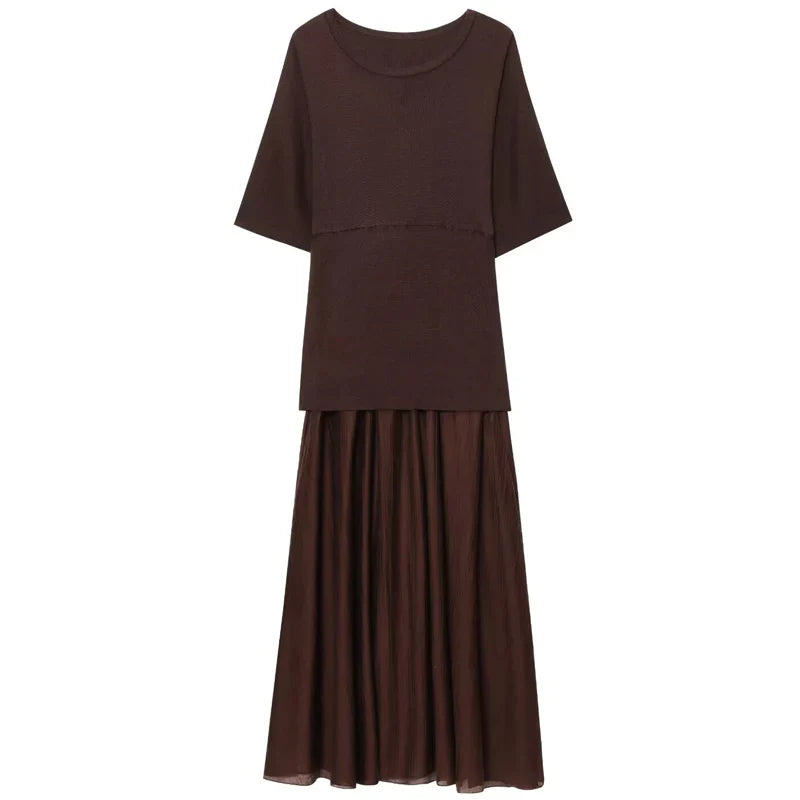 Womens Dresses Brown Pleated Dress Summer 2025 Elegant Knitted Short Sleeve Vestidos Chic Patchwork O-Neck Vacation Dresses