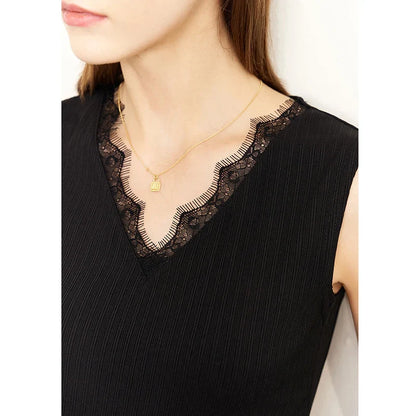 Women's Tank Top 2026 Summer New Lace Trim V-Neck Knit Sleeveless Vest Slim Fit Casual Layering Cami For Women 12612031