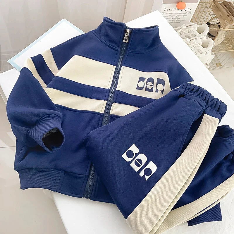 Boys Contrast Alphabet Full Zip Sweatshirt Jacket+Sweatpant Workout Set School Kids 2PCS Tracksuit Children Jogger Outfit 5-16Yr