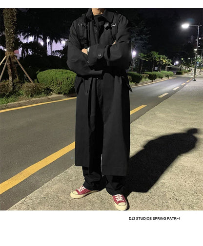 Spring Autumn Long Oversized Black Khaki Trench Coat Men Raglan Sleeve Single Breasted Loose Casual Korean Fashion